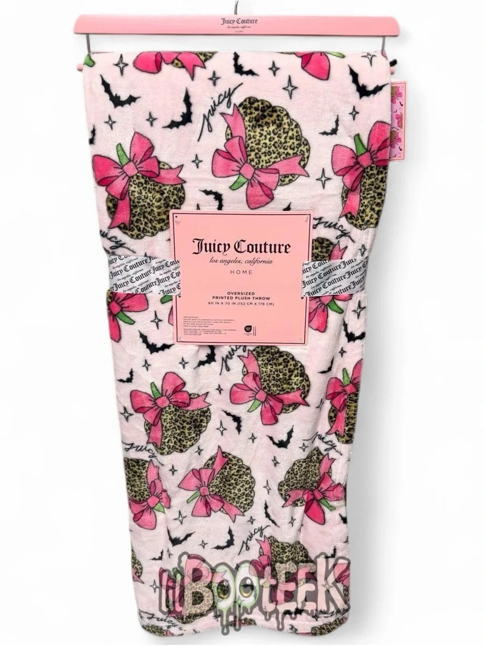 Juicy Couture Halloween Leopard Print Pumpkins w Bows & Bats Pink Plush Throw